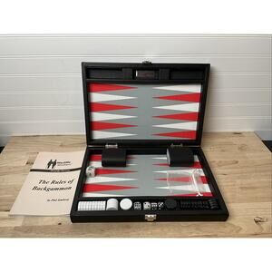 13" Silverman & Co Small Faux Leather Backgammon Set – Black Case/Red